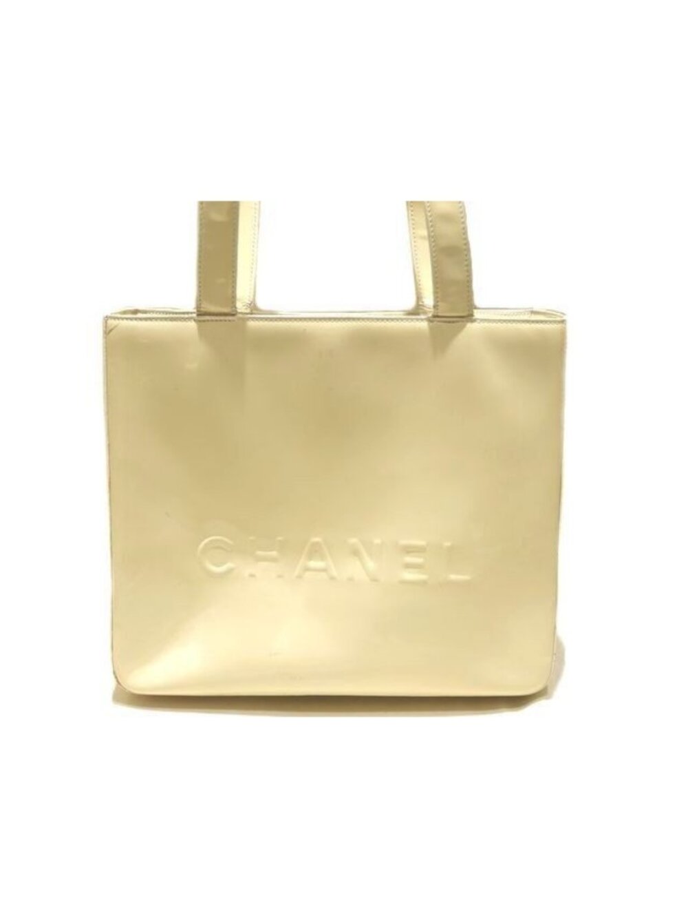 Chanel Logo Tote Bag White Patent Shoulder Square Embossed Ivory